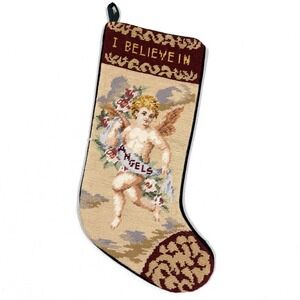 Vintage Christmas Stocking Needlepoint I Believe In‎ Angels Cherub Wool Velvet